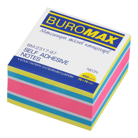 Блок для нотаток з клейким шаром, 75х75 мм, 450 аркушів, неон 3 кольори+білий, BM.2317-97 BUROMAX